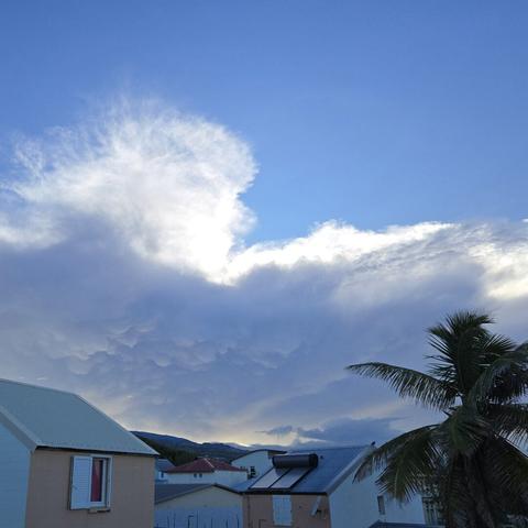 même photo mais une heure plus tard, des couleurs plus classiques allant du blanc des nuages au bleu du ciel en passant par le gris du nuage de pluie, des mammatus diformes se sont formés sous la masse nuageuse