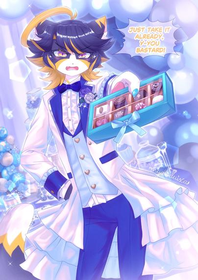 OC: Chai

Tags: male, feline, scottish fold cat, ikemen, twink, femboy, tsundere, suit, tuxedo, food

A cat boy giving chocolates to the viewer. The backdrop has balloons and food in blue color schemes.