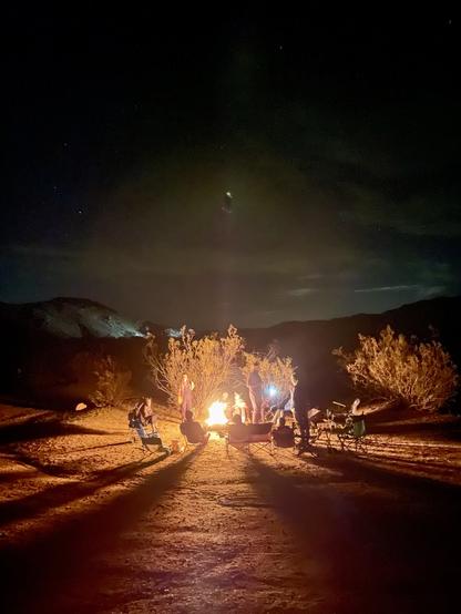 Shadowy silhouettes of people around a campfire under a starry sky.