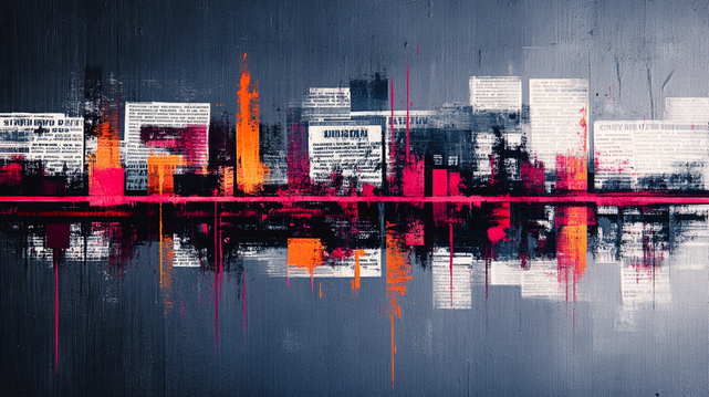 Effondrement Typographique
Collage typographique abstrait mêlant textes absurdes, taches vives et structure urbaine déconstruite.
Abstract typographic collage mixing absurd texts, vivid stains, and a deconstructed urban structure.