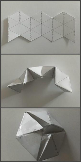 Das Bild zeigt eine Reihe von drei Ansichten eines geometrischen Papiermodells. Die Draufsicht zeigt ein flaches Zickzackmuster aus dreieckigen und polygonalen Formen. Die mittlere Ansicht zeigt das Modell, das in eine wellenartige Form gebogen ist. Die untere Ansicht zeigt das fertige, zu einem 3D-Hexaflexagon gefaltete Modell.