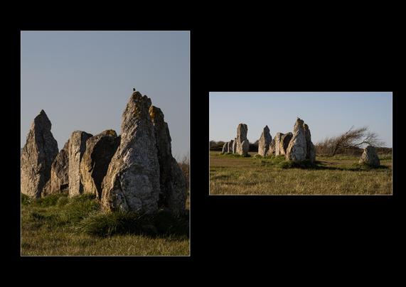 diptyque sur fond noir, présentant deux photos d'un alignement de menhirs sur la lande, la première en format vertical et la seconde en format horizontal. Au sommet d'un des menhirs, on distingue la silhouette d'un petit passereau, notamment sur la photo verticale avec seulement cinq Pierres, prise de plus près. Sur la photo horizontale, on peut voir l'alignement complet comportant une douzaine de menhirs avec en arrière-plan, un arbre plié par le vent, le lieu étant situé au sommet d'une falaise en bord de mer.
