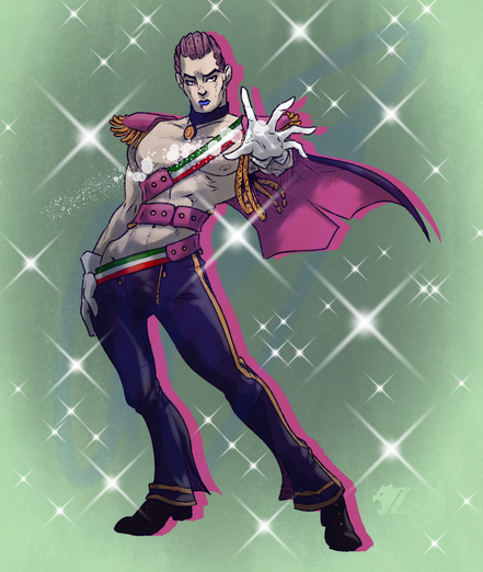 And now something much more fabulous. A male figure striking a powerful pose, hips popped off to one side, the weight of a leg and the torso leaning the other way as he reached towards the viewer. The costume is somewhat avant garde, with belts in the colors of the Italian flag and epaulets on a bare torso, and fashionable navy pants on the legs.