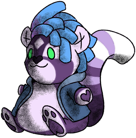 Oh no! An unnamed female red panda (colored with purple tones) has been turned into a marketable Chumby Buddy! She has lavender and blue hair brushed to the side, green eyes, a blue hoodie, and has tones of purple and lavender along her body.
