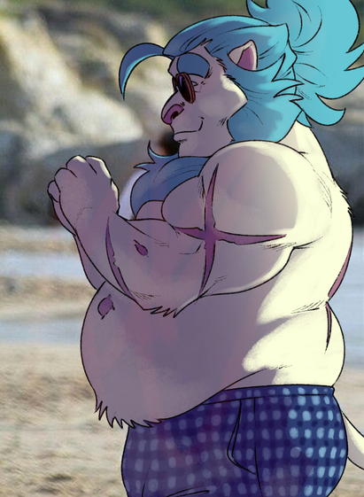 A drawover of a photo of a large, powerlifter of a man at the beach, but with my lion fursona Zeiros instead. He is looking down to something in his hands with the light behind him. He only wears a pair of sunglasses and a pair of blue plaid swim shorts, allowing the viewer to see his heavy body, including some of the many scars on his arms, belly, and back.