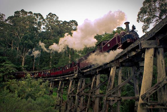 #PuffingBilly, an historic steam train still running regularly in the mountain district, was built to serve at the turn of the century. The #Railway is the sole survivor of four experimental lines used to develop rural areas in the early 1900's.

Image credit: Puffing Billy. Andy McLemore/CC BY-SA 2.0. https://commons.wikimedia.org/wiki/File:Puffing_Billy_(3708462529).jpg