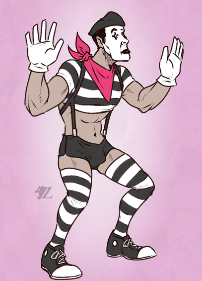 And finally the cool-down pic for the evening, a mime. Just a mime. Sure, he wears a pink kerchief around his neck, a short shirt to show off the midriff, really short shorts, and a pair of thigh socks to finish the look, but he's just a mime.
