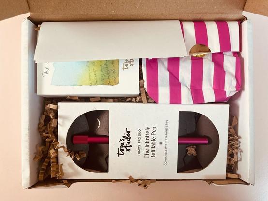 Blick von oben auf ein geöffnetes Paket. Man sieht eine Schachtel mit dem “Infinitely Refillable Pen” Lumos Pro Duo von Tom’s Studio in pink, eine kleinere Schachtel, die halb verdeckt ist und eine rosa-weiß gestreifte Papiertüte, die mit einem runden goldenen Sticker verschlossen ist.