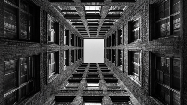 Confinement Vertical
Cour intérieure en brique vue en contre-plongée, encadrée de fenêtres et baignée d’une lumière grise et froide.
Brick courtyard seen from below, framed by windows and bathed in cold, grey light.