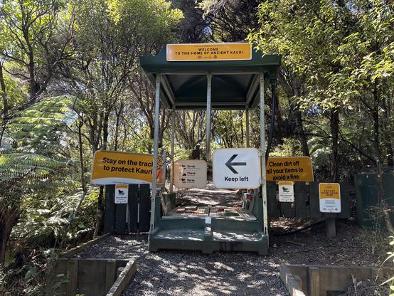 A signposted entrance to a forest trail, featuring informative signs about protecting ancient Kauri trees. There are instructions to stay on the track, clean dirt from items, and a directional sign to keep left. The setting is surrounded by lush greenery.