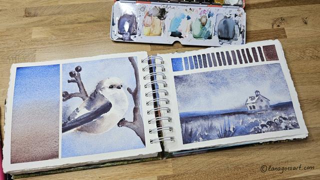 Open sketchbook with some color studies, a wash from blue to brown, mixes and two sketches. One of a bird and one of a wonderfully cloudy landscape with a lonely house just waiting for guests to come over. Probably cake and tea are ready already...
