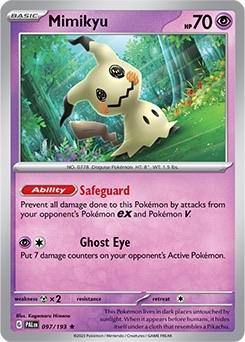 A Pokémon trading card featuring Mimikyu. The card has the ability "Safeguard”: Prevent all damage done to this Pokémon by attacks from your opponents’s Pokémon ex and Pokémon V.