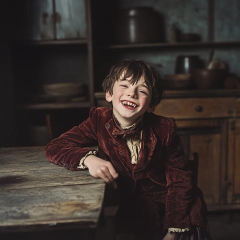 A mischievous young boy dressed in vintage red velvet clothes, sitting at a rustic wooden table and grinning wide to reveal a set of vampire fangs. The background shows an old kitchen with wooden shelves and pottery.