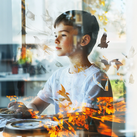A dreamy double exposure of a boy looking out a window while eating. His image is overlaid with illustrations and silhouettes of birds and fiery autumn leaves, creating a surreal, imaginative scene.