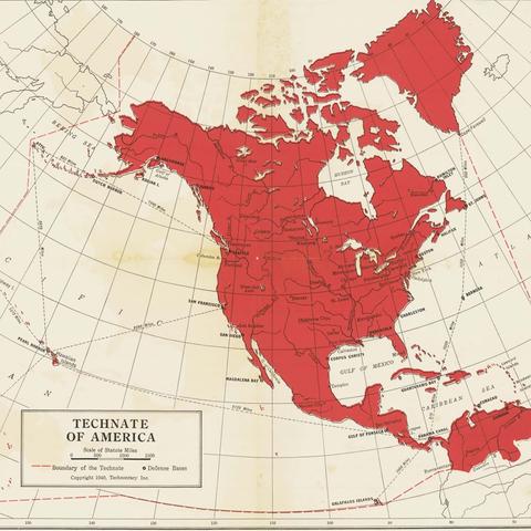 A historic map titled "Technate of America," highlighting areas in North America shaded in red. It includes boundaries, major cities, and defensive base locations. The map is designed with grid lines and a scale for measurement.