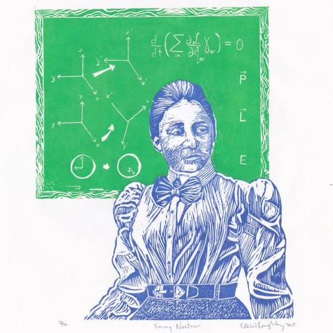 My linocut portrait of Emmy Noether in front of a blackboard with diagrams and equations. Noether is printed in blue. She has her hair up and wears a pin-striped buttoned shirt with puffy sleeves, bow tie, tweed skirt with belt and is shown from waist up, turned slightly away from the viewer. The blackboard is green and shows a simple form of Noether’s equations at the top. On the left are three diagrams to represent translational symmetry (a frame of reference or 3 orthogonal axes and a straight diagonal arrow to a second frame of reference); rotational symmetry (a frame of reference and curved arrow to a second rotated frame of reference); and time symmetry (two simple clocks with an arrow between them and their hands at different places). On the right are the three associated conserved quantities: momentum (a p with arrow above it); angular momentum (an L with arrow above it); and energy (E).