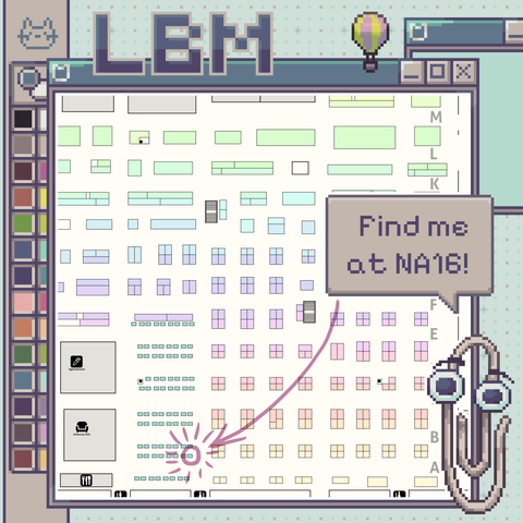 pixel art style graphics of the LBM MCC map, circling booth NA16 in the New Artsit Alley, and Clippy saying "Find me at NA16!"