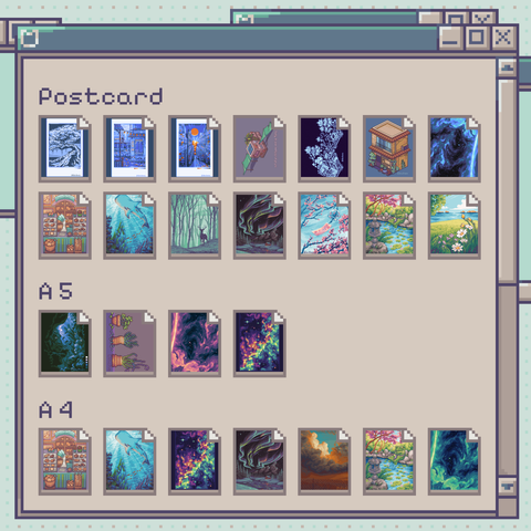 Artist Alley Catalog in Pixel Art style file folder showing different picture files, titled with the categories Postcard, A5, A4