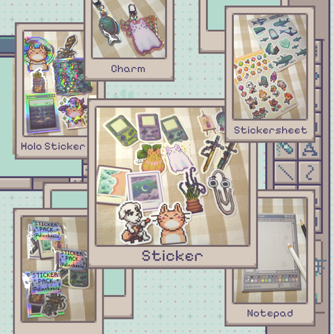 Artist Alley Catalogue in pixel art style polaroid frames, holding photos of different merch products with pixel art done by dinchenix