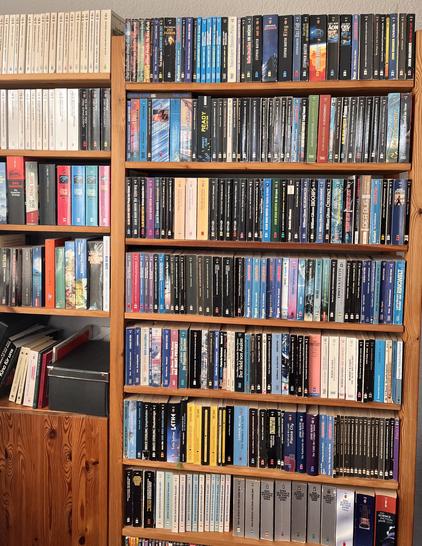 Zu sehen ist ein hölzernes Buchregal, dass in mehreren Ebenen mit verschiedenen farbigen Taschenbücher aus dem Bereich Science Fiction gefüllt ist. Zu sehen sind nur die Buchrücken.