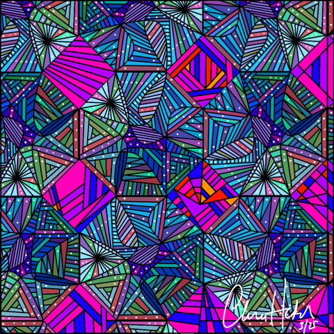 A square geometric artwork featuring a complex tessellation of overlapping polygonal shapes. The design uses cool tones like teal, blue, and purple, with accents of magenta and deep red. Dotted textures and layered lines create depth and movement across the pattern, giving it a sense of woven complexity and visual rhythm.