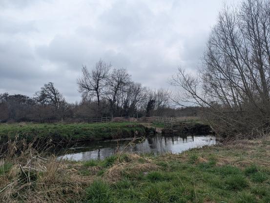 view across a narrow river between grassy banks. there is a band of trees leading away from the river, not yet in leaf. there are wooden post and rail fences on the gate bank and more trees on the near bank obscure a wooden bridge.