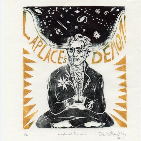 My linocut print of Laplace’s Demon. The demon, who looks like Laplace with giant long-horn cattle horns seated in the lotus position with his palms together as in prayer, is printed in black. Between his horns is space in black with comets, galaxies, stars and planets carved away showing in white. Around him are deep yellow radiating triangles and the words “Laplace’s Demon” following the shape of the horns.