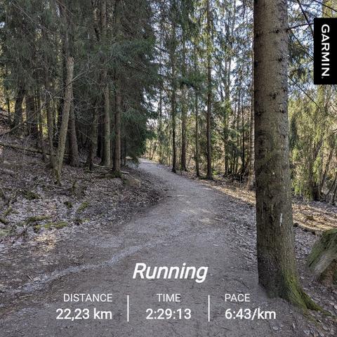 Metsikössä kulkeva ulkoilupolku. Juoksutilastot: matka 22,23 km / aika 2:29:13 / keskitahti 6:54 min/km.