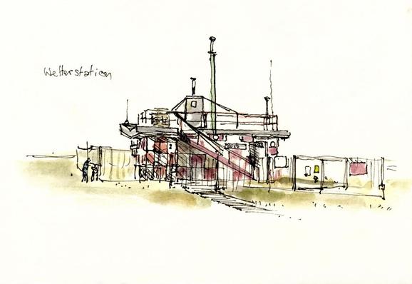 A sketch of a small, flat building on Tempelhof Airfield in Berlin, which is used as a meteorological station. The building‘s walls are chequered in red and white, and the surrounding grass is still brownish green from thr fading winter. Drawn in black ink with some additional watercour on off-white paper.