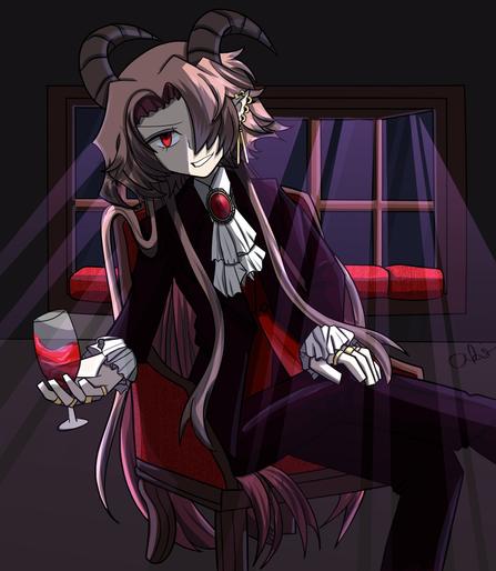 Lilit sitting in a chair holding a glass of wine. Moonlight streams through the window behind him.