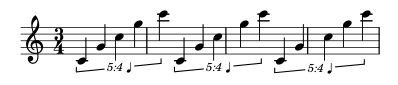 Music score snippet. Three bars in 3/4 time with 3  5/4 quarter-note tuplets.