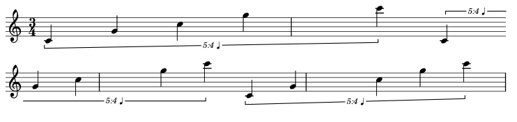 Music score snippet. Four bars in 3/4 time with 3 5/4 quarter-note tuplets. There is a line break after 6 notes and the tuplet bracket is broken and continued in the next line.