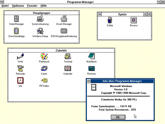 Windows 3.0 running on MS-DOS 4.01. 386 Enhanced Mode is shown as enabled.