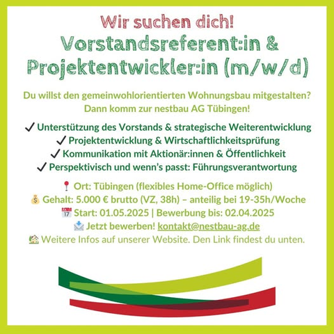Stellenausschreibung für Vorstandsreferentin und Projektentwicklerin in Tübingen bei der nestbau AG