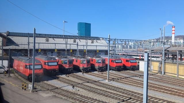 Train shed/wash near Zurich central station with 7 SBB locomotives