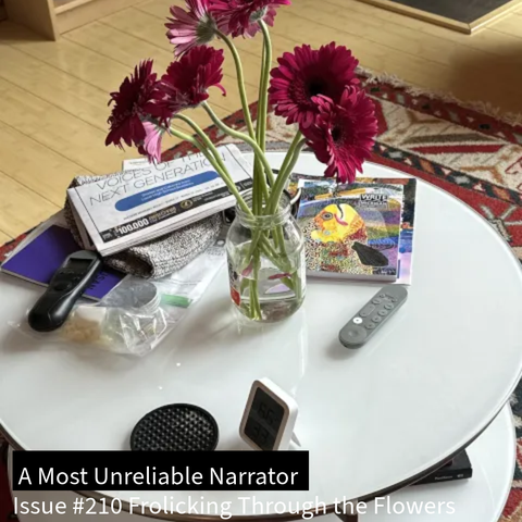 Image of dark purple gerbea daisies in a glass jar on top of round, white coffee table. Various knickknacks are also on the table. Behind the table is a wood floor, book case, and a native Peruvian rug.