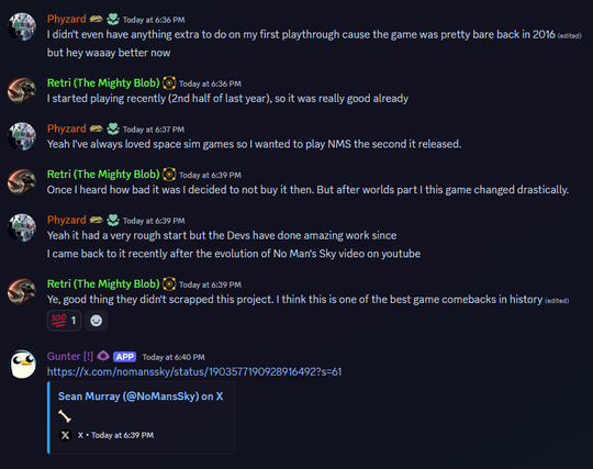 A screenshot of a portion of a chat about the NMS comeback story in the Discord main channel