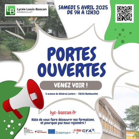 Samedi 5 avril 2025, de 9h à 12h30, Portes Ouvertes du lycée Louis-Bascan, à Rambouillet (78). Venez voir !