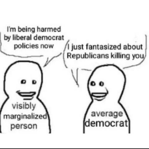 2 people

first is visibly marginalized person says
"I'm being harmed by liberal democrat policies now" 

2nd person is an average Democrat
"I just fantasized about Republicans killing you."

There is no artists mark on this image/meme