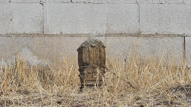 color photo of a decorative stone piece with stylized floral features standing in dead grass against a block wall background