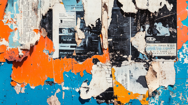 Échos Déchirés
Affiches arrachées sur mur coloré révélant couches de typographies anciennes et textures urbaines brutes.
Torn posters on a colorful wall revealing layers of old typography and raw urban textures.