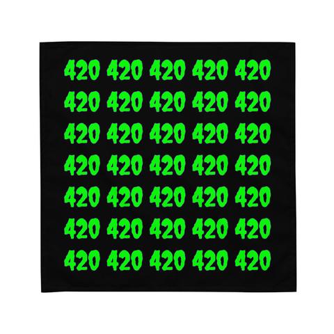 A black bandana with the number 420 in creepy font in a repeating pattern. The numbers are neon green with a purple outline. White background.