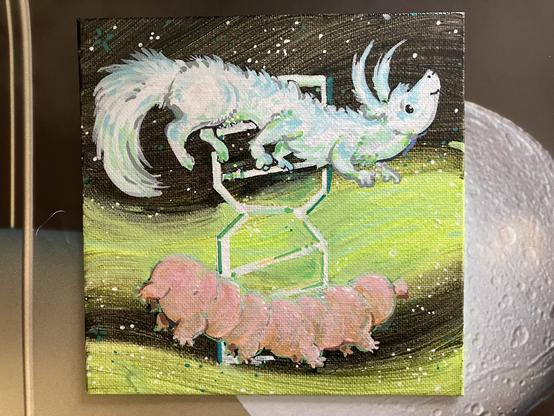 a small canvas painting by me, featuring a tardigrade (microscopic lifeform that looks like a bald bear with extra sets of arms and legs with a nootnoot snoot for a face, and a nikitak,  an alien species i designed. they're sort of otter/ferrety, but with antennea, and fluffy white fur. but they too have extra limbs.