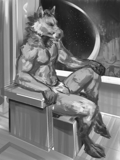 a greyscale digital painting  progress picture an anthropomorphic sitting on a throne with a window overviewing a ring city