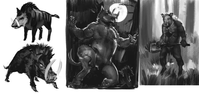 Quick 10 minute studies of boars and pictures of anthropomorphic boars by taran fiddler and other concept artists.