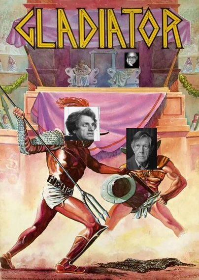 A cover of a board game "Gladiator" with a photo of Michael Namen pasted in for the emperor, and Iannis Xenakis and John Cage put on the faces of two fighting gladiators.