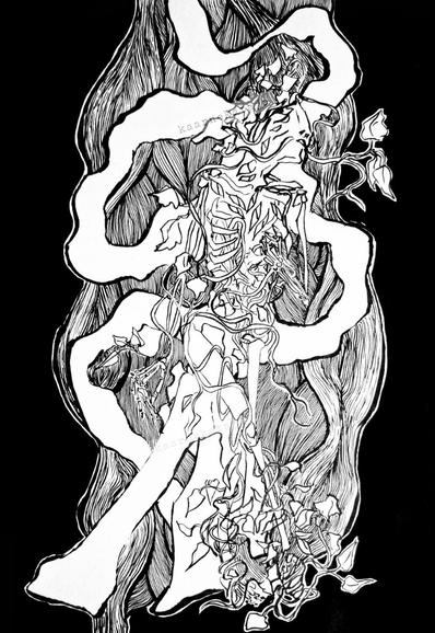black and white ink drawing with a bone creature that has many eyes and vines all around it, muscle fibres in the background