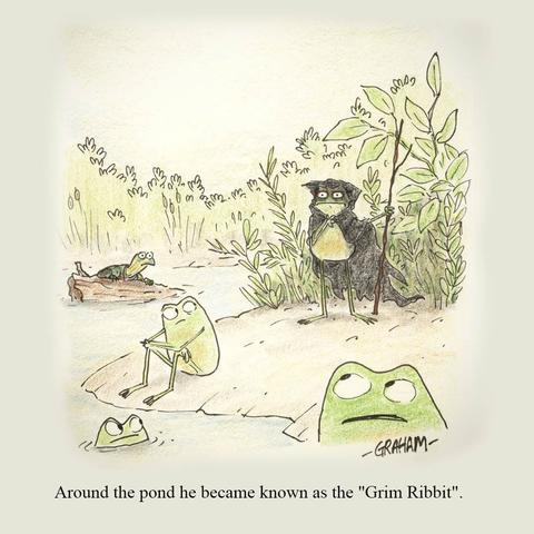 A cartoon illustration of a frog dressed as the grim reaper standing behind the rest of the animals in the pond. Caption reads "Around the pond he became known as the "Grim Ribbit."