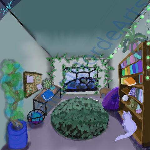 In a green room with an 8 shelf book case to the right. On the book case are vaious books, an amethyst geod, a potion, a glass ball, and a a cat statue. The bottom shelf has a white cat looking away. On the top of the bookcase is a plant with long leaves in a red pot. There are green fairy lights along the bookcase wrapping around the the right side of the room. Next to the bookcase is a purple beanbag chair. In the corner is a round end table. The back wall has two vines, one at the top and the other around the window. The window is recessed with a blue cushion. The right side has a desk with a spider plant in a green plant, a succulent in a blue pot  with a blue book. The wall has a cork board with a coupe of paper tacked to it. Next to the desk  is a basket full of blankets that are red, pink and blue. Closest to the viewer is a tree with blue and green leaves. The center of the room has a green rug that looks like a pile of leaves.