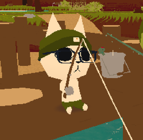 WEBFISHING cat wearing green beanie sitting on a pier fishing.